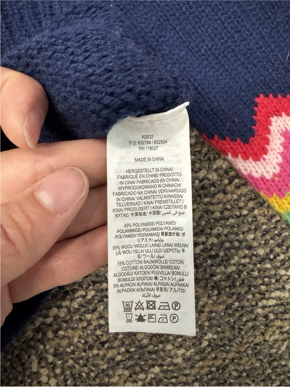 Boden Colorful Rainbow Fair Isle Bobble Pom Yoke Sweater Navy Size US 4 - Picture 6 of 6